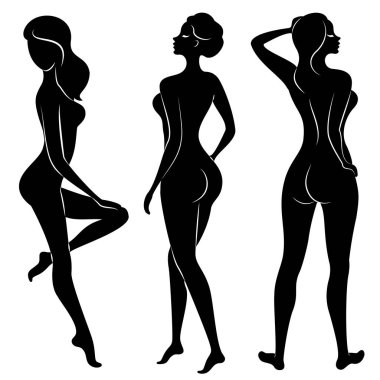 Koleksiyon. Tatlı bir bayanın silueti. Bir kadın seksi ve ince bir modeldir. Vektör çizimleri kümesi.