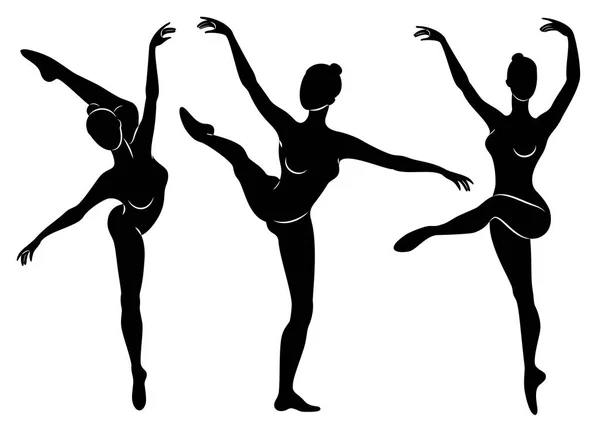 Samling. Silhuett av en söt dam, hon dansar balett. Flickan har en smal vacker figur. Kvinna ballerina. Vektor illustration set — Stock vektor