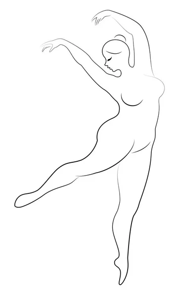 Silhouet van een schattige dame, ze is dansen ballet. De vrouw heeft een overgewicht lichaam. Meisje is mollig. Vrouw ballerina, gymnast. Vector illustratie — Stockvector