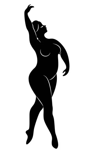 Silueta de una linda dama, ella está bailando ballet. La mujer tiene un cuerpo obeso. La chica es regordeta. Bailarina, gimnasta. Ilustración vectorial — Archivo Imágenes Vectoriales