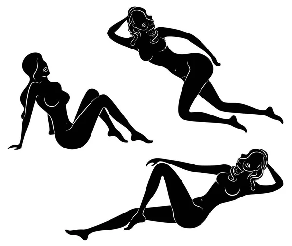 Colección. Siluetas de damas encantadoras. Hermosas chicas están sentadas en diferentes poses. Las figuras de las mujeres son desnudas, femeninas y esbeltas. Conjunto de ilustraciones vectoriales — Vector de stock