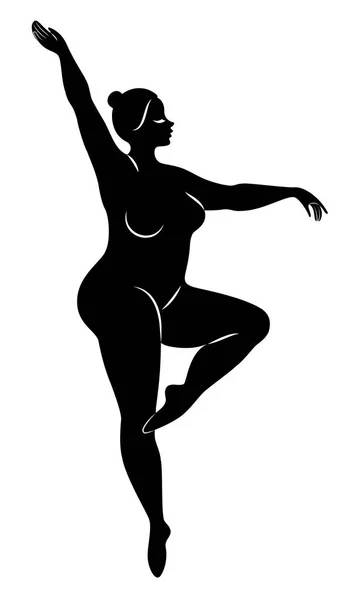 Silhouet van een schattige dame, ze is dansen ballet. De vrouw heeft een overgewicht lichaam. Meisje is mollig. Vrouw ballerina, gymnast. Vector illustratie — Stockvector