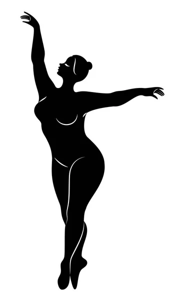 Silhueta de uma senhora bonita, ela está dançando balé. A mulher tem um corpo acima do peso. A rapariga é gorda. Mulher bailarina, ginasta. Ilustração vetorial — Vetor de Stock