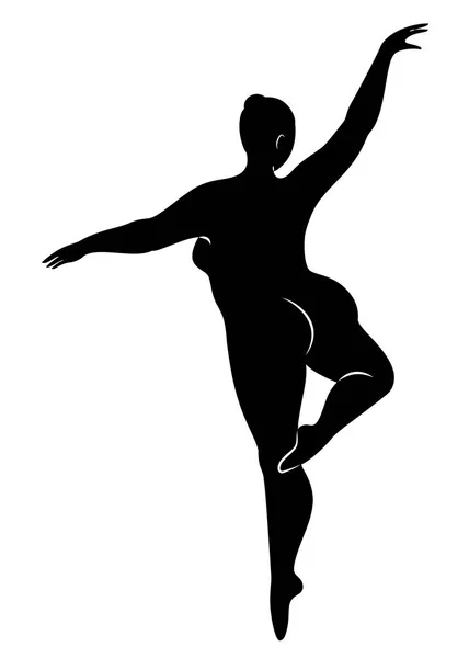 Silhouette of a cute lady, she is dancing ballet. The woman has an overweight body. Girl is plump. Woman ballerina, gymnast. Vector illustration — Stock Vector