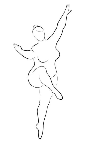 Silhouet van een schattige dame, ze is dansen ballet. De vrouw heeft een overgewicht lichaam. Meisje is mollig. Vrouw ballerina, gymnast. Vector illustratie — Stockvector