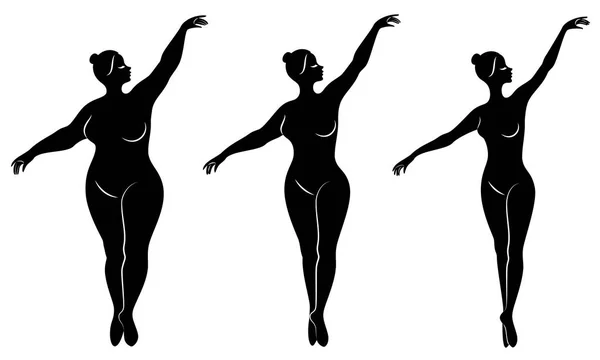 Kolekce. Silueta krásné dámy, tančí balet. Žena je nadváha. Ta holka je drze, štíhlá, hubená. Ženská Ballerina, gymnasta. Vektorová sada ilustrace — Stockový vektor