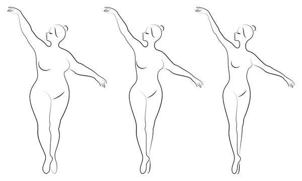 Collectie. Silhouet van een schattige dame, ze is dansen ballet. Een vrouw is overgewicht. Het meisje is mollig, slank, dun. Vrouw ballerina, gymnast. Vector illustratie instellen — Stockvector