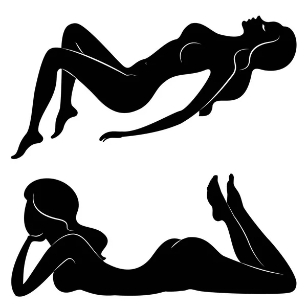 Koleksiyon. Tatlı bir bayanSiluet, o oturuyor. Kızın çok güzel bir çıplak figürü var. Bir kadın genç seksi ve ince bir modeldir. Vektör illüstrasyon seti