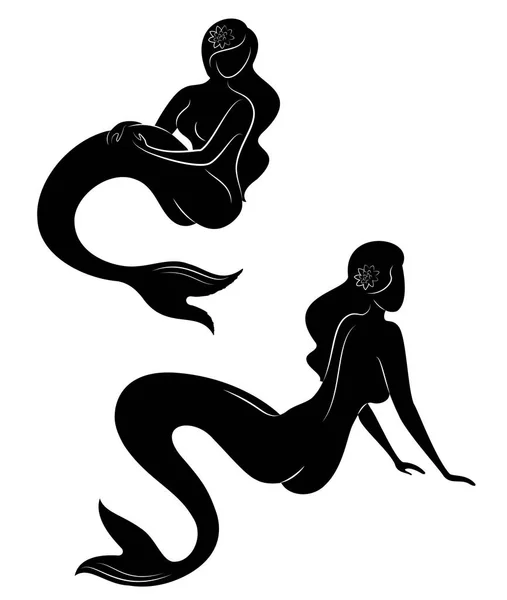 Colección. Silueta de sirena. Las chicas se bañan en una pose hermosa. La dama es joven y delgada. Fantástica imagen de un cuento de hadas. Conjunto de ilustraciones vectoriales — Archivo Imágenes Vectoriales