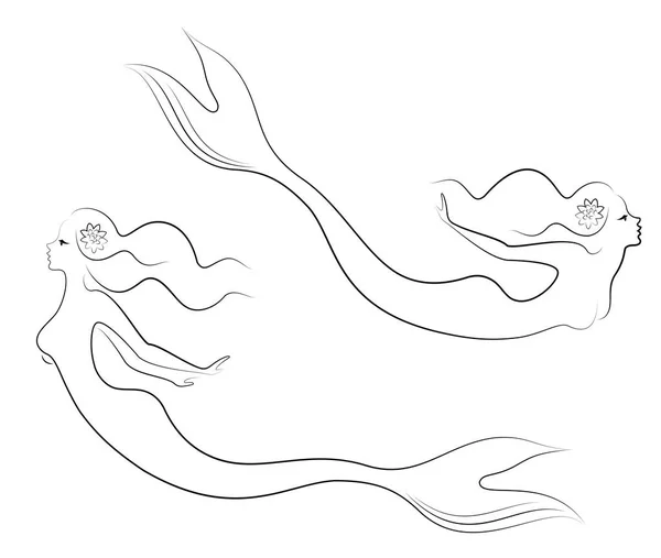 Коллекция. Силуэт русалки. Девушки купаются в красивой позе. Девушка молода и стройна. Фантастический образ сказки. Набор векторных иллюстраций — стоковый вектор