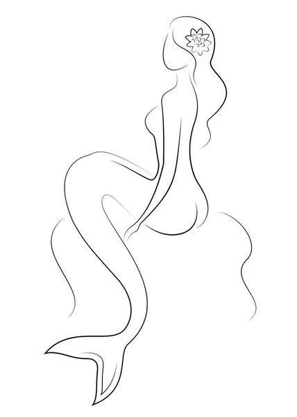 Bir peri denizkızı silueti. Güzel kız bir kayanın üzerinde oturuyor. Bayan genç ve ince. Vektör çizimi