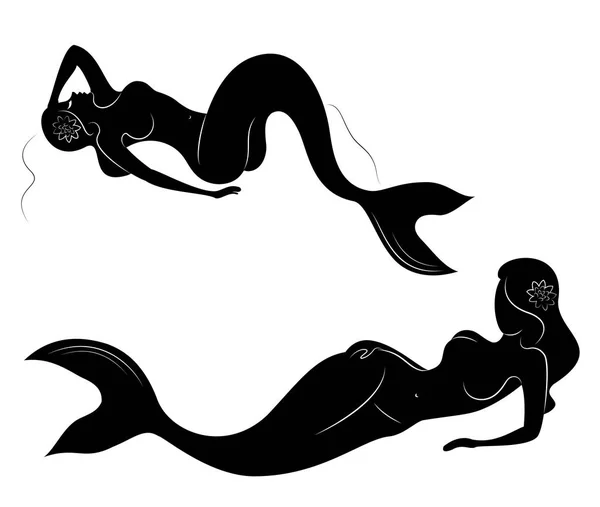Sammlung. Silhouette einer Meerjungfrau. Mädchen baden in einer schönen Pose. Die Dame ist jung und schlank. Fantastisches Bild eines Märchens. Reihe von Vektorillustrationen — Stockvektor