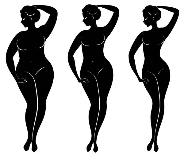Collection. Silhouette of a beautiful woman figure. The girl is thin, the woman is overweight. The lady is standing, she is slim and sexy. Set of vector illustrations
