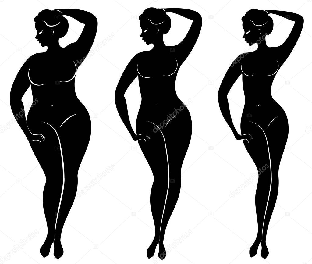 Collection. Silhouette of a beautiful woman figure. The girl is thin, the woman is overweight. The lady is standing, she is slim and sexy. Set of vector illustrations