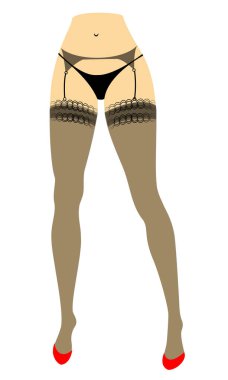 Bikinili bir bayan figürünün silueti. İnce güzel kadın ayakları, bir kemer ile çorap giymiş. Kız kırmızı yüksek topuklu ayakkabılar içinde shod olduğunu. Vektör çizimi