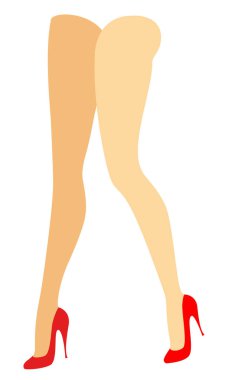 Bikinili bir bayanın siluet figürü. Kırmızı ayakkabılı genç bir kızın ince bacakları. Kadın geliyor. Ayaklar bakımlı, güzel ipeksi bir ten. Vektör çizimi