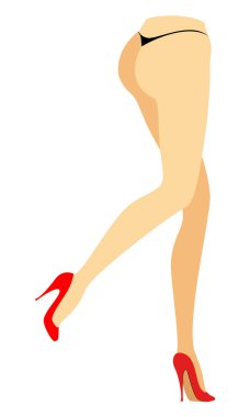 Bikinili bir bayanın siluet figürü. Kırmızı ayakkabılı genç bir kızın ince bacakları. Kadın kaçıyor. Ayaklar bakımlı, güzel ipeksi bir ten. Vektör çizimi