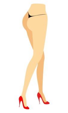 Bikinili bir bayanın siluet figürü. Kırmızı ayakkabılı genç bir kızın ince bacakları. Kadın kaçıyor. Ayaklar bakımlı, güzel ipeksi bir ten. Vektör çizimi