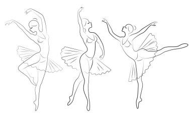 Koleksiyon. Sevimli bir bayan siluet, o bale dans ediyor. Kızın çok güzel ince bir figürü var. Kadın balerin. Vektör illüstrasyon seti.