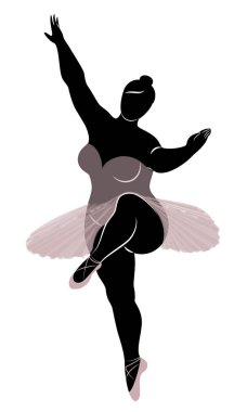 Sevimli bir bayan siluet, o bale dans ediyor. Kadının kilolu bir vücudu var. Kız tombul. Kadın balerin, jimnastikçi. Vektör çizimi