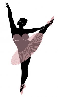 Sevimli bir bayan siluet, o bale dans ediyor. Kadının kilolu bir vücudu var. Kız tombul. Kadın balerin, jimnastikçi. Vektör çizimi