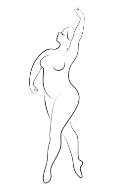 Sevimli bir bayan siluet, o bale dans ediyor. Kadının kilolu bir vücudu var. Kız tombul. Kadın balerin, jimnastikçi. Vektör çizimi
