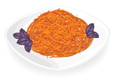 Baharatlı Kore havuç salatası. Fesleğen yaprakları süsler. Lezzetli, taze yemek. Vektör çizimi.