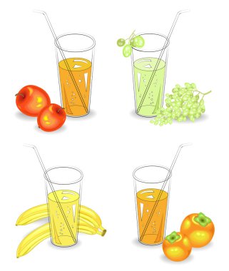 Koleksiyon. Doğal meyve suyu üzüm ve elma ve muz, andpersimmon gözlük. Vektör çizimi, set