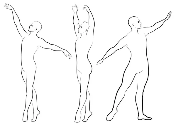 Gyűjtemény. Sziluettje egy karcsú fickó, férfi balett-táncos. A művésznek van egy szép karcsú alakja, erős teste. A férfi táncol. Vektoros illusztrációs készlet — Stock Vector