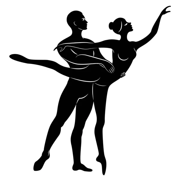 Silhouette of a cute lady and youth, they dance ballet. The woman and the man have beautiful slender figures. Girl ballerina and boyfriend dancer. Ballet dancer. Vector illustration — Stock Vector