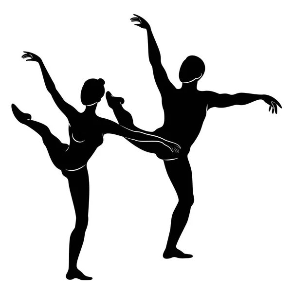 Η σιλουέτα μιας χαριτωμέ-νιης κυρίας και Νεότητας, χορεύουν μπαλέτο. Η γυναίκα και ο άνθρωπος έχουν ωραίες λεπτές φιγούρες. Κορίτσι μπαλαρίνα και γκόμενος χορεύτρια. Χορεύτρια μπαλέτου. Απεικόνιση διανυσματικών φορέων — Διανυσματικό Αρχείο
