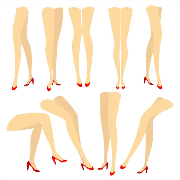 Collection. A picture with silhouettes of slender beautiful female legs in red high-heeled shoes. Different postures of legs when the girl is standing, lies, lies. Vector illustration set — Stock Vector