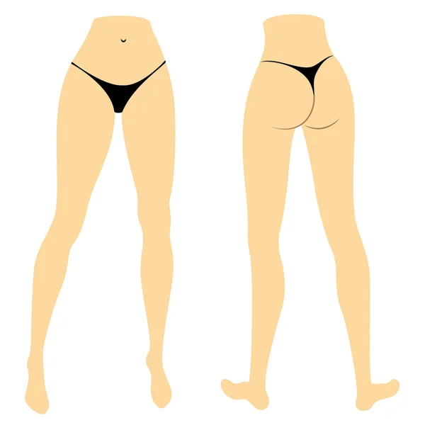 Silhouet figuur van een dame in een bikini. Slanke benen van een jong meisje. De vrouw komt eraan. Voeten goed verzorgde, mooie zijdeachtige huid. Voor-en achteraanzicht. Vector illustratie — Stockvector