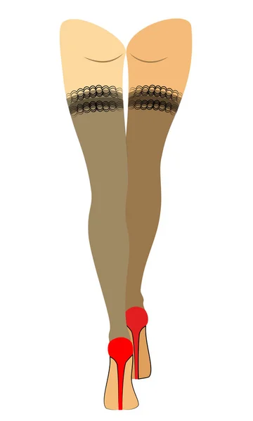 Silhouette di belle gambe snelle signora. La ragazza è in piedi. La donna è vestita in calze alla moda ed è calzata in scarpe col tacco alto rosse. Illustrazione vettoriale — Vettoriale Stock