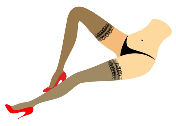 Figura silueta de una dama en bikini. Delgadas piernas femeninas hermosas, vestidas con medias. Las mujeres están vestidas con zapatos rojos de tacón alto. Ilustración vectorial — Archivo Imágenes Vectoriales