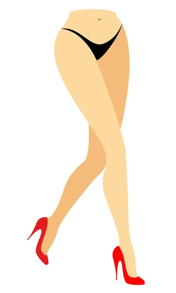 Figura silueta de una dama en bikini. Patas delgadas de una joven en zapatos rojos. Viene la mujer. Pies bien arreglados, hermosa piel sedosa. Ilustración vectorial — Vector de stock