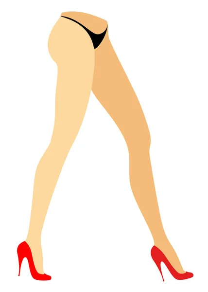 Figura silueta de una dama en bikini. Patas delgadas de una joven en zapatos rojos. Viene la mujer. Pies bien arreglados, hermosa piel sedosa. Ilustración vectorial — Vector de stock