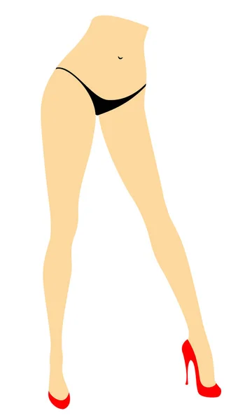 Silhouet figuur van een dame in een bikini. Slanke benen van een jong meisje in rode schoenen. De vrouw komt eraan. Voeten goed verzorgde, mooie zijdeachtige huid. Vector illustratie — Stockvector