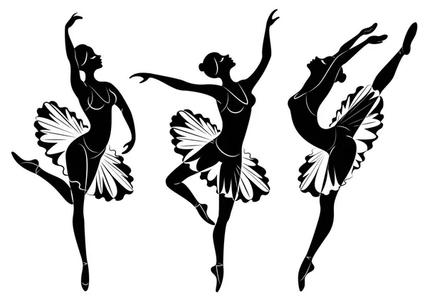 Collectie. Silhouet van een schattige dame, ze is dansen ballet. Het meisje heeft een prachtig figuur. Vrouw ballerina. Vector illustratie instellen — Stockvector