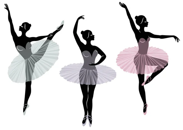 Sammlung. Silhouette einer niedlichen Dame, sie tanzt Ballett. Das Mädchen hat eine schöne Figur. Ballerina. Vektor Illustration Set — Stockvektor