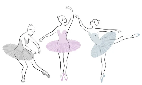 Samling. Silhuett av en söt dam, hon dansar balett. Flickan har en vacker figur. Kvinna ballerina. Vektor illustration set — Stock vektor