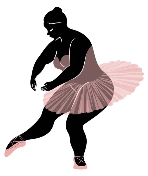 Sziluettje egy aranyos hölgy, ő táncoló balett. A nő túlsúlyos teste van. Lány kövér. Női balerina, tornász. Vektoros illusztráció — Stock Vector