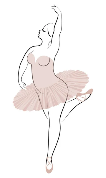 Silhouet van een schattige dame, ze is dansen ballet. De vrouw heeft een overgewicht lichaam. Meisje is mollig. Vrouw ballerina, gymnast. Vector illustratie — Stockvector