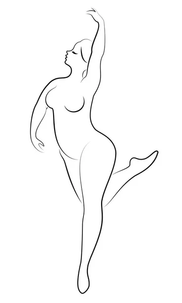 Silueta de una linda dama, ella está bailando ballet. La mujer tiene un cuerpo obeso. La chica es regordeta. Bailarina, gimnasta. Ilustración vectorial — Vector de stock