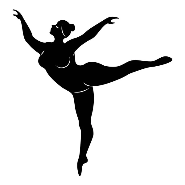 Silhouet van een schattige dame, ze is dansen ballet. De vrouw heeft een overgewicht lichaam. Meisje is mollig. Vrouw ballerina, gymnast. Vector illustratie — Stockvector