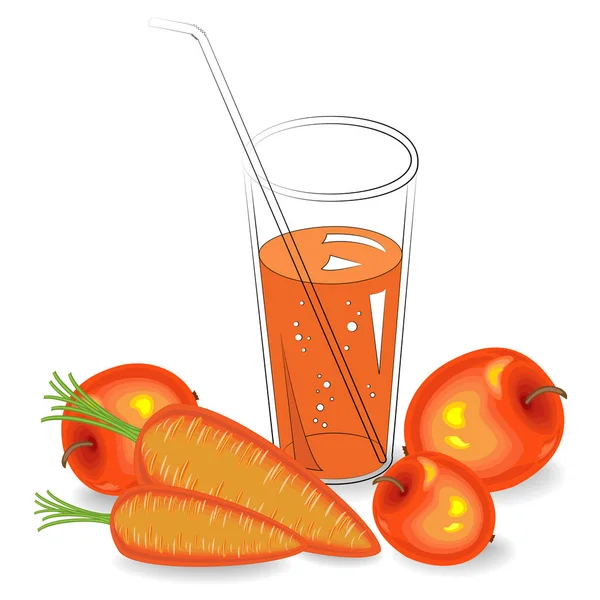 Useful medicinal and tasty drink. In a glass of natural vegetable juice ripe carrots and fruit apple. Vector illustration. — Stock Vector