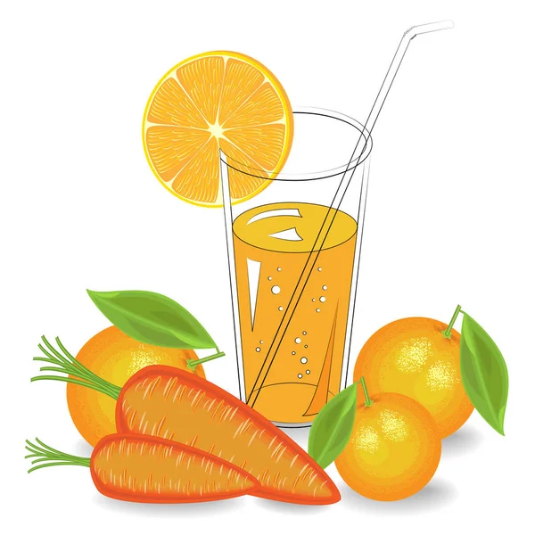 Leckeres, gesundes und medizinisches Getränk. in einem Glas natürlichen Gemüsesaft reife Karotten und Früchte Orange, Mandarine. Vektorillustration. — Stockvektor