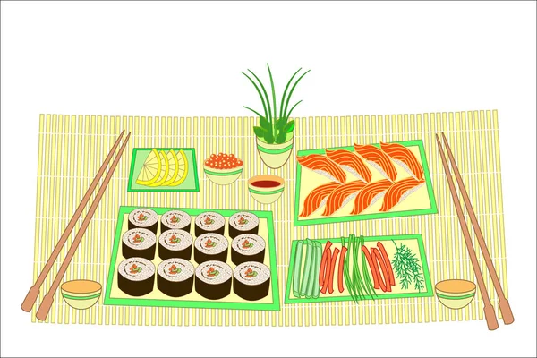 Kleur afbeelding. Verfijnde gerechten uit de Japanse nationale keuken. Op de tafel voor een heerlijke zeevruchten, sushi, broodjes, kaviaar. Vector illustratie — Stockvector