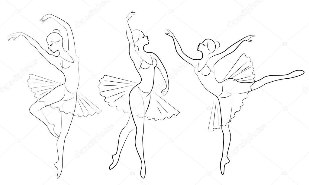 Collection. Silhouette of a cute lady, she is dancing ballet. The girl has a beautiful slim figure. Woman ballerina. Vector illustration set.