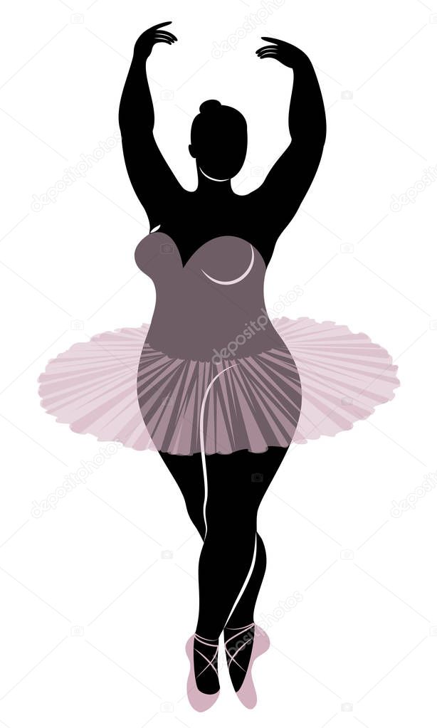 Silhouette of a cute lady, she is dancing ballet. The woman has an overweight body. Girl is plump. Woman ballerina, gymnast. Vector illustration